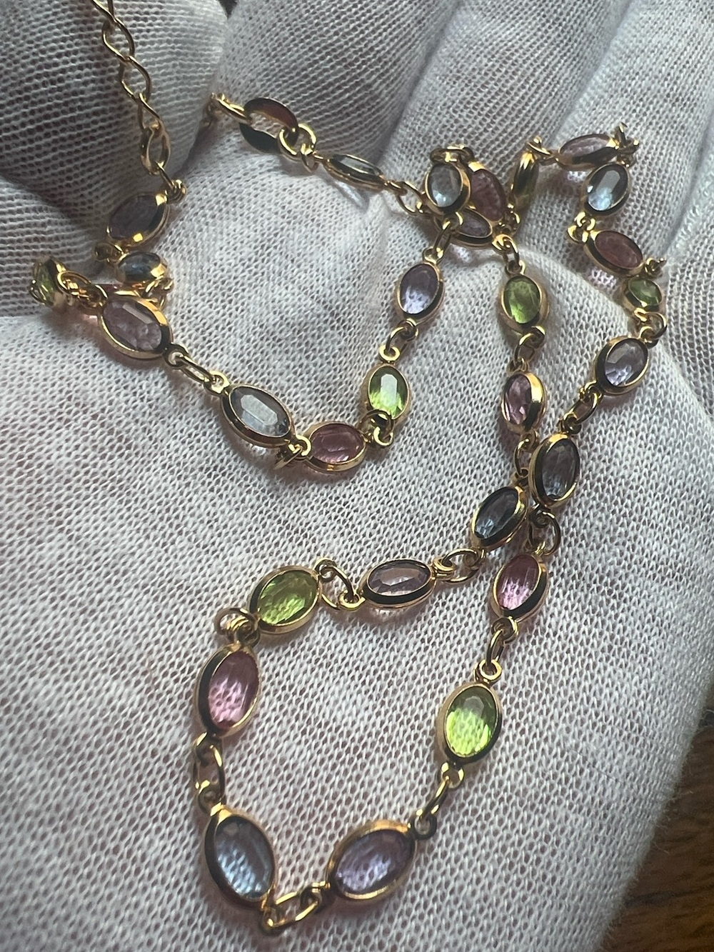 Gold Multi-Color Oval Gem Necklace Stamped BZL, 18 karat gold plated